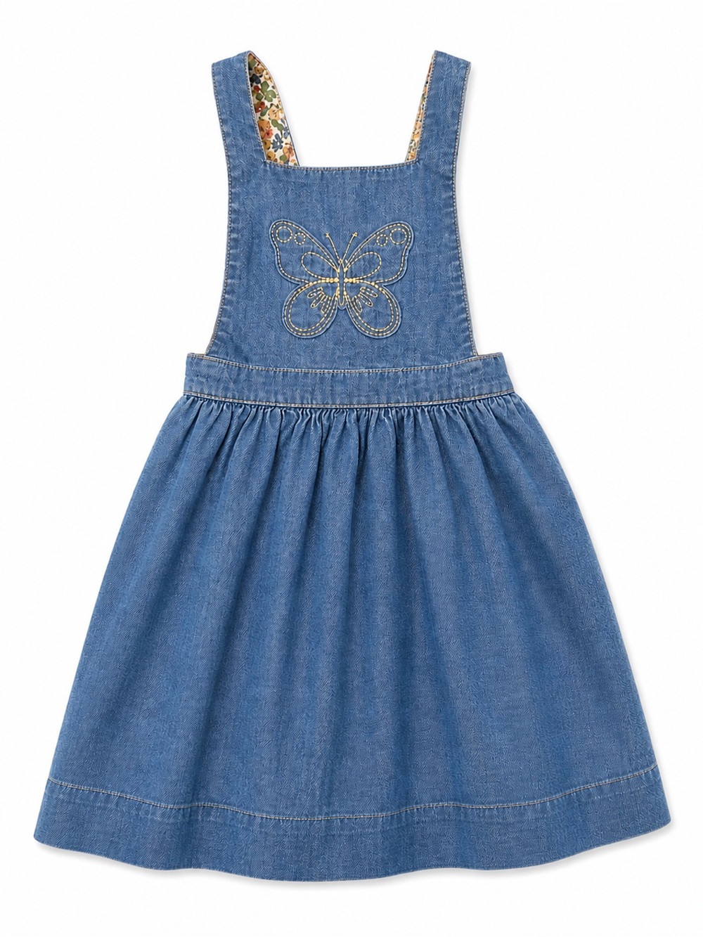 EUC Mini Boden  Denim Pinafore Dress with Butterfly Embroidery - Blue